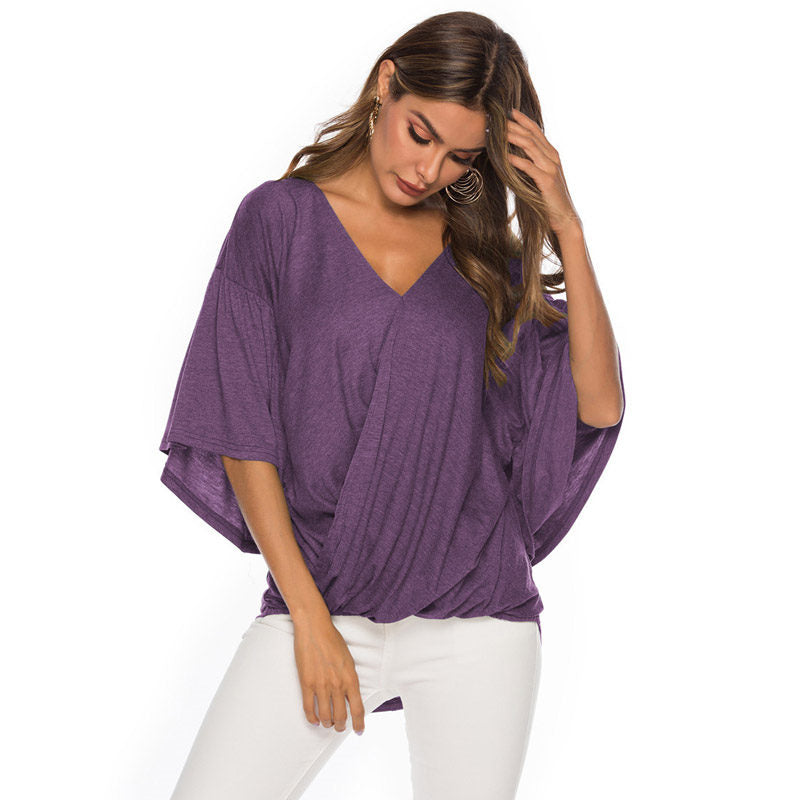 Womens Summer Ruffle Sleeve V-Neck T-Shirt Knot Tops-Purple