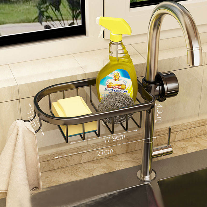 Faucet Sponge Holder Rustproof Sink Caddy for Dishcloth-Black