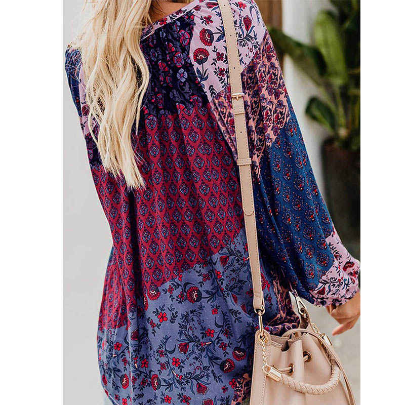 Womens V-neck Casual Boho Floral Print Long Sleeve Shirts-Purple