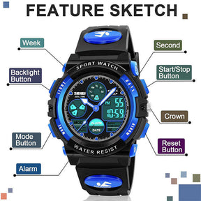 LED Multi Function Sports Waterproof Watch for Kids-Blue