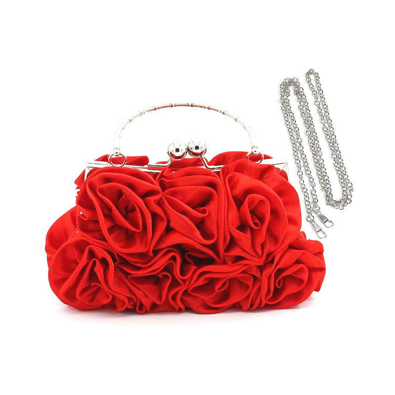 Roses Clutch Purse Satin Money Clip Evening Handbag-Red