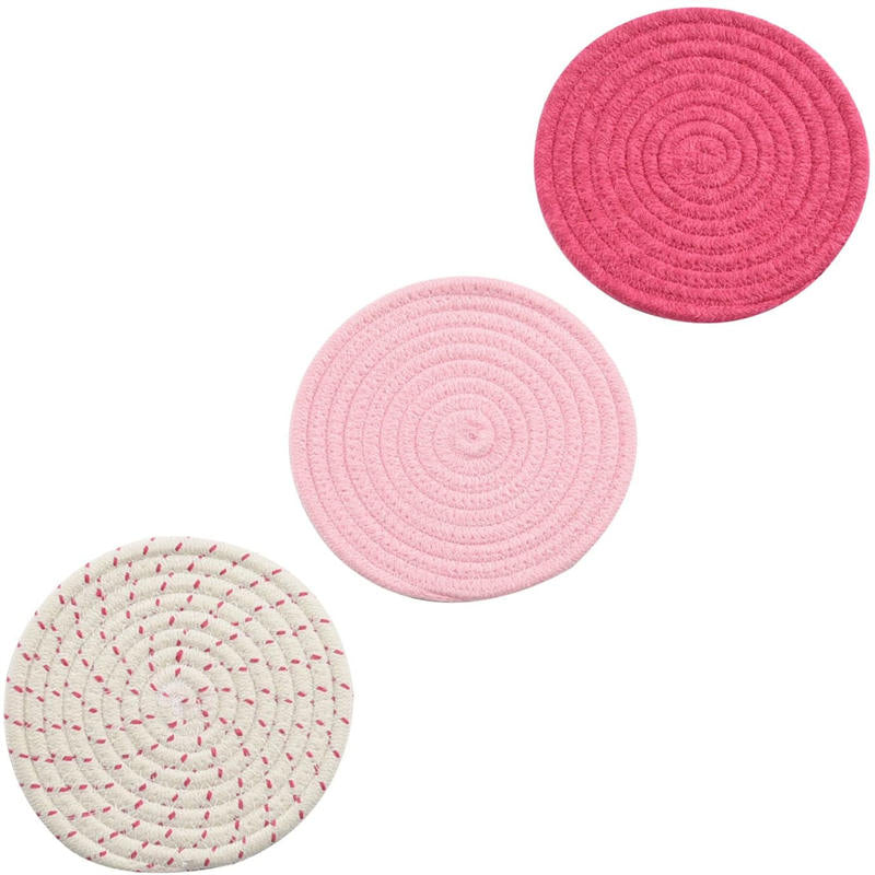 3 Pcs Potholders Colorful Cotton Thread Weave Stylish Coasters Heat Insulation Table Mat by Diameter 18CM-Pink