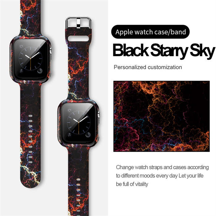Silicone Printed Watch Band with Screen Protector Case for iWatch Series SE/6/5/4/3/2/1-StarrySkyPattern