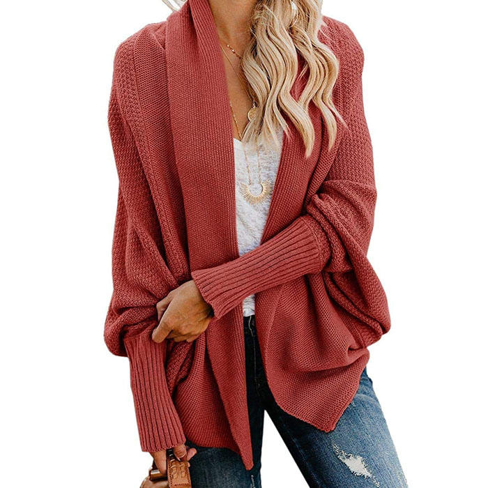 Women's Batwing Knitted Oversized Slouchy Solid Cardigan Sweater Knit Outwear-Rust Red