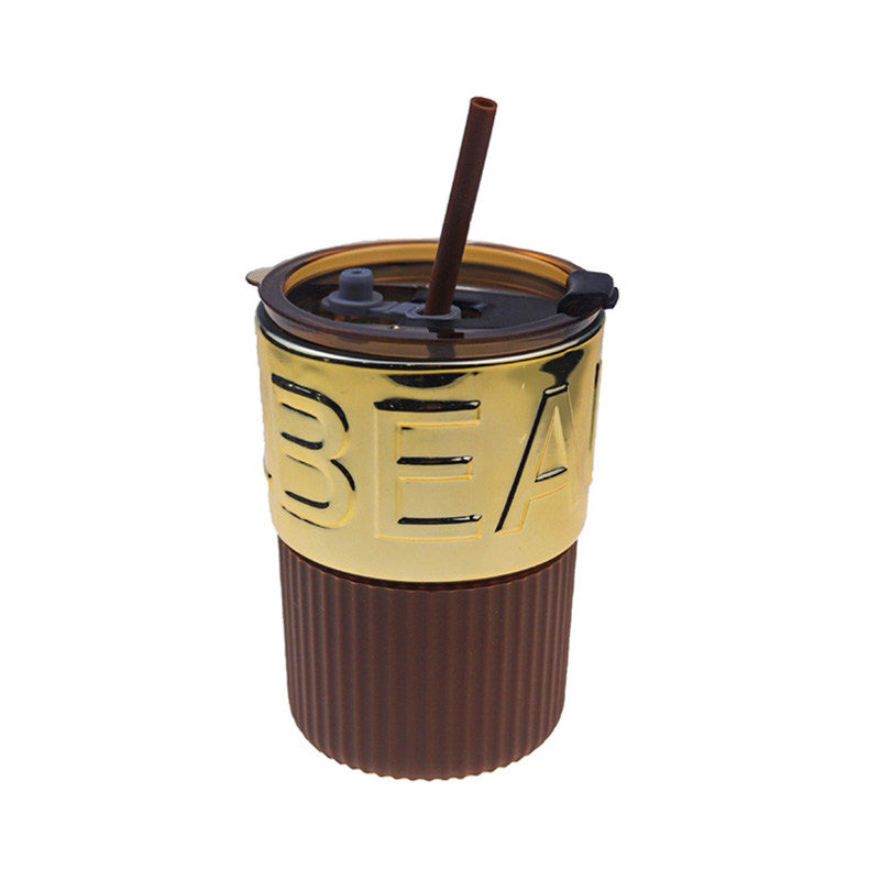 420ml Glass Coffee Mug with Lids and Straws Travel Friendly-GoldAmber