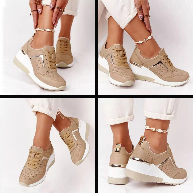 Womens Wedge Sneaker Hidden Lace-up Breathable Casual Shoes-Khaki