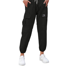 Girls Joggers Long Pants Pockets Outdoor Casual Trousers with Drawstring Multicolor-Black