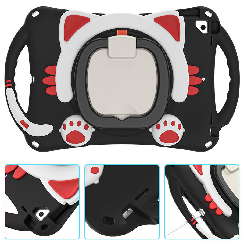 CatB Silicone Case For iPad 10.2 Air10.5 Pro10.5 Shockproof Shoulder Strap Handle Stand-Black Red