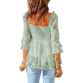 Womens Floral Textured Square Neck Ruffle 3/4 Sleeve Peplum Top Blouse-Green