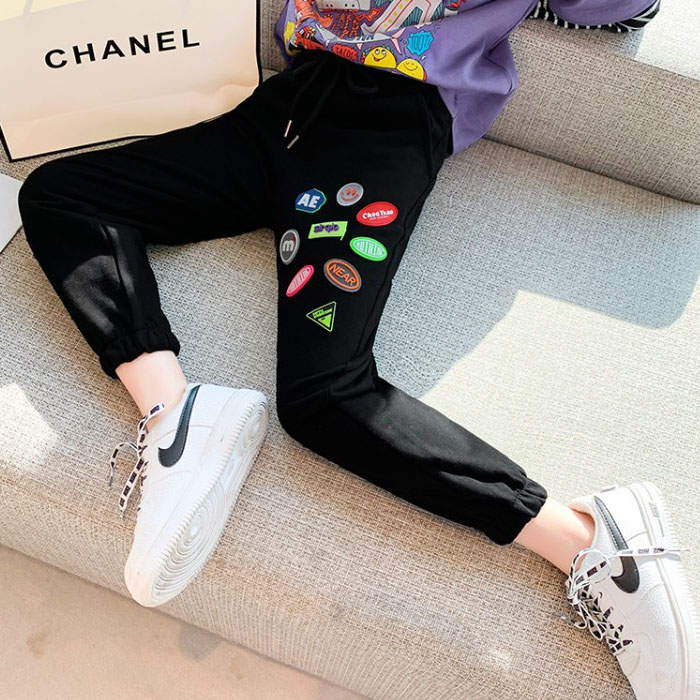 Girls Joggers Long Pants Pockets Outdoor Casual Trousers with Drawstring Icon-Black