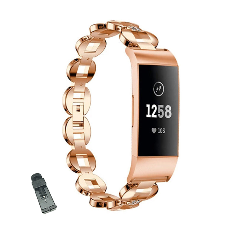 DH Stainless Steel White Diamond+Blue Diamond Watch Band Adjustable Replacement Wristband For Fitbit Charge 2/3 For Women-Rose Gold