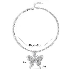 Sparkly Butterfly Rhinestone Pendant Necklaces for Women and Girls-Silver