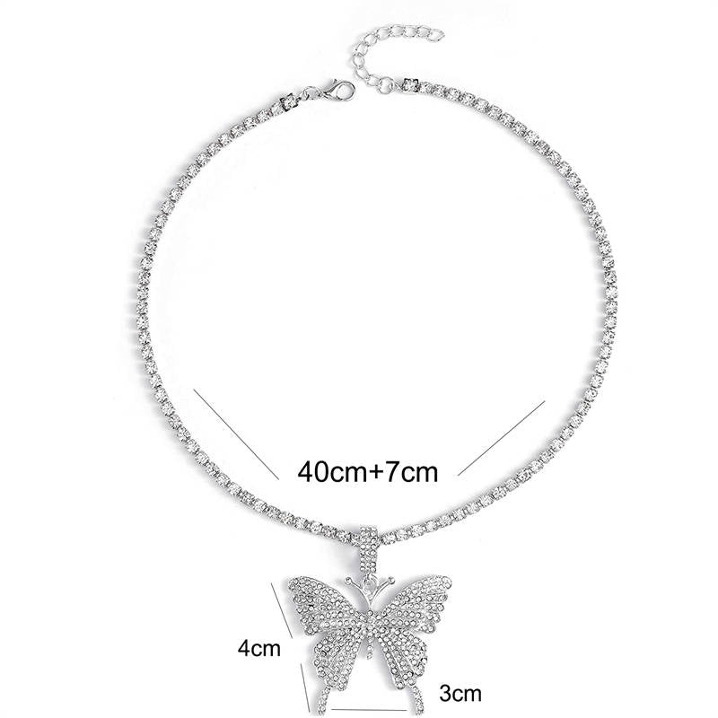 Sparkly Butterfly Rhinestone Pendant Necklaces for Women and Girls-Silver