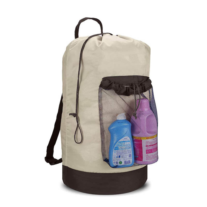 Backpack Laundry Bag With Shoulder Straps And Mesh Pocket Durable Nylon Clothes Bag for College Travel Laundromat -Khaki