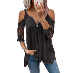 Cold Shoulder Tops For Women Sexy Low Cut V Neck Shirts with Lace 3/4 Sleeve-Black