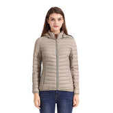 Womens Short Down Jacket Stand Collar Lightweight Removable Cap-Beige