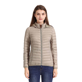 Womens Short Down Jacket Stand Collar Lightweight Removable Cap-Beige