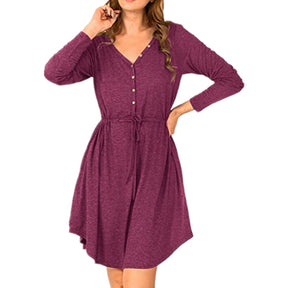 Ladies Casual V Neck Button Long Sleeve Tunic Dress-WineRed