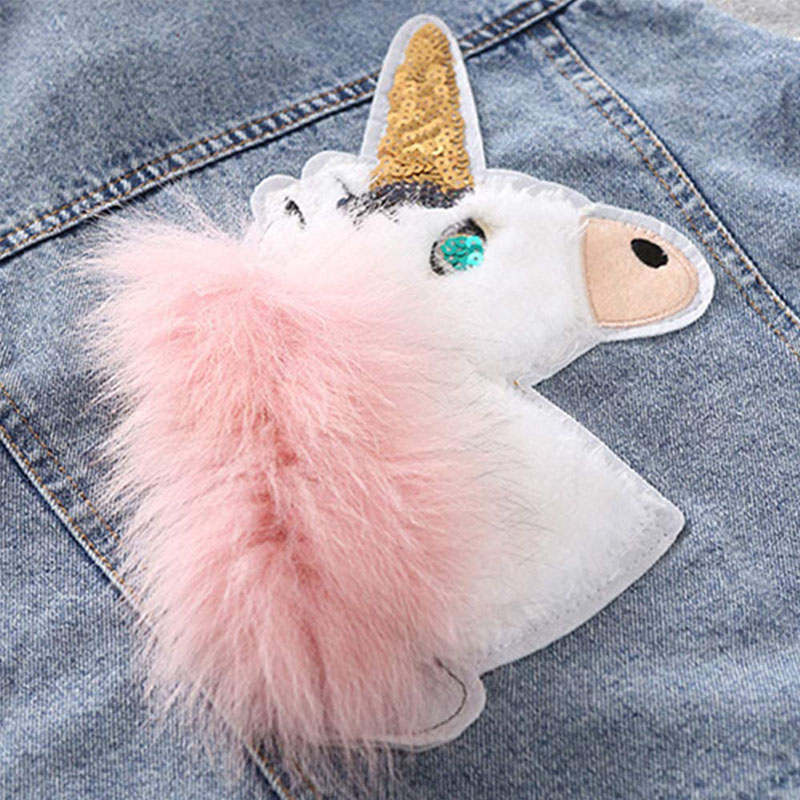 Kids Unicorn Jean Jacket Toddler Girls Denim Coat with Sparkly Sleeve-Blue