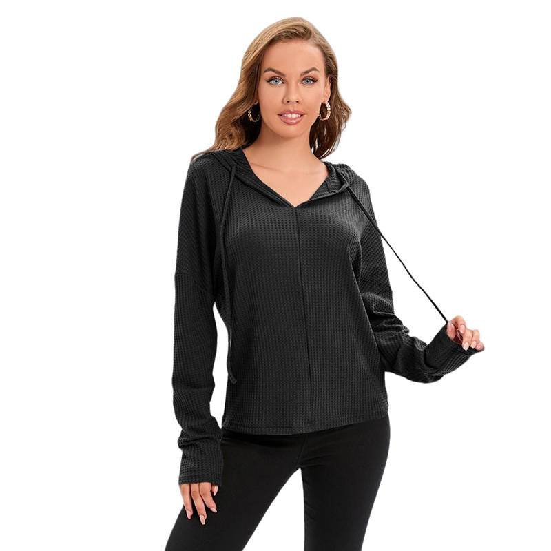 Women Casual Long Sleeve Solid Hooded Drawstring knit Jacket-Black