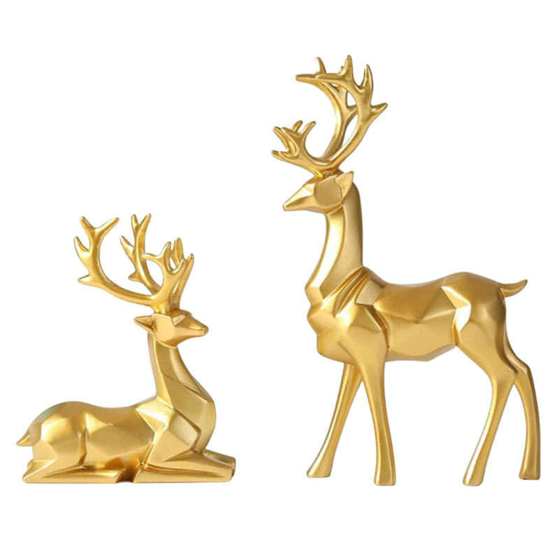 2Pcs Nordic Resin Geometric Elk Sitting Standing Deer Statues for Living Room-Gold