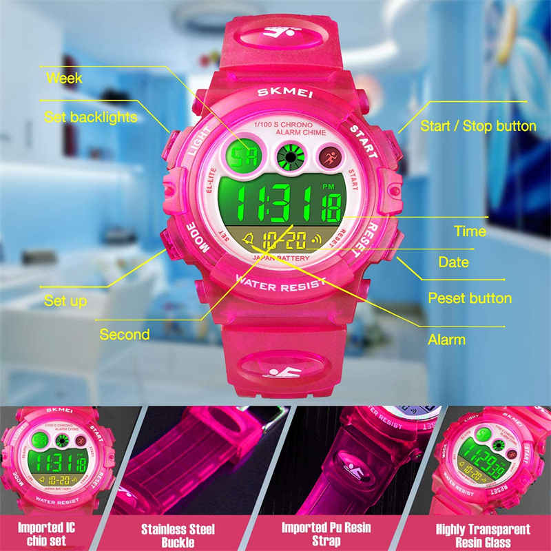 Girls Waterproof Electronic Multi Function Outdoor LED Watches-Pink