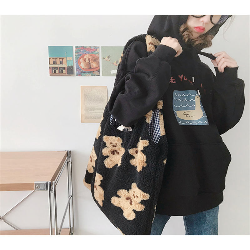 Women Girls Cute Bear Plush Shoulder Bag Large Shopping Handbag-Black