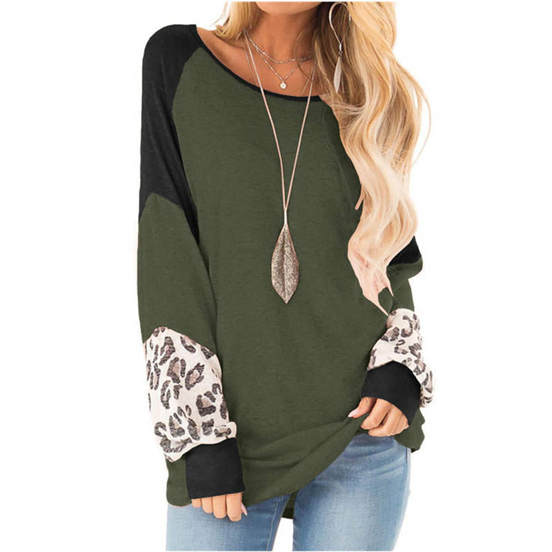 Womens Color-Blocking Pullover Raglan Long Sleeve Loose Shirt-Green