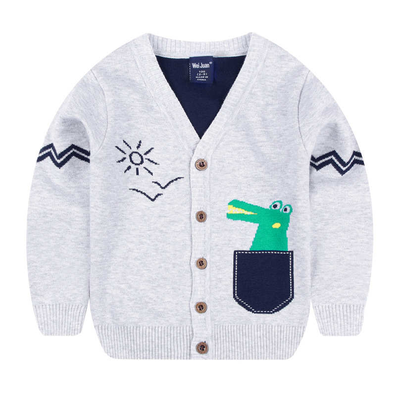 Toddler Boys Long Sleeve Knitted Sweatshirts Cartoon Dinosaur V-Neck Cardigan Sweaters-Grey