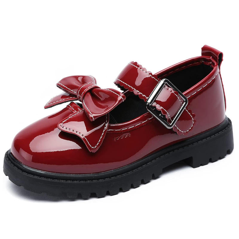 Girls Bowknot Mary Jane Shoes Hook & Loop Wedding Party Flats-Wine Red