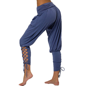 Womens Solid Color High Waist Lace Up Pants Fitness Loose Pants with Pockets-Blue