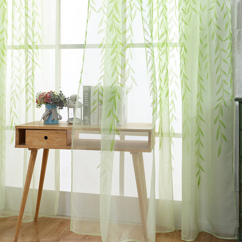 2 Panels Leaves Embroidered Sheer Rod Pocket Drapes For Living Room-Green