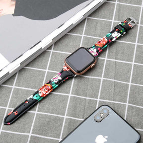 Slim Flower Printed Leather Watch Band For Apple Watch SE/6/5/4/3/2/1(Red Flower)