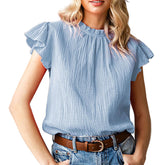 Womens Ruffle Sleeve Blouses Summer Casual Plain Round Neck  Loose Fit Tops-Sky Blue