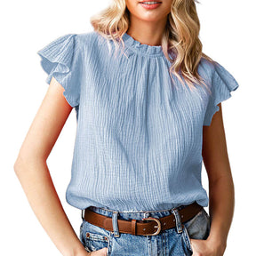 Womens Ruffle Sleeve Blouses Summer Casual Plain Round Neck  Loose Fit Tops-Sky Blue