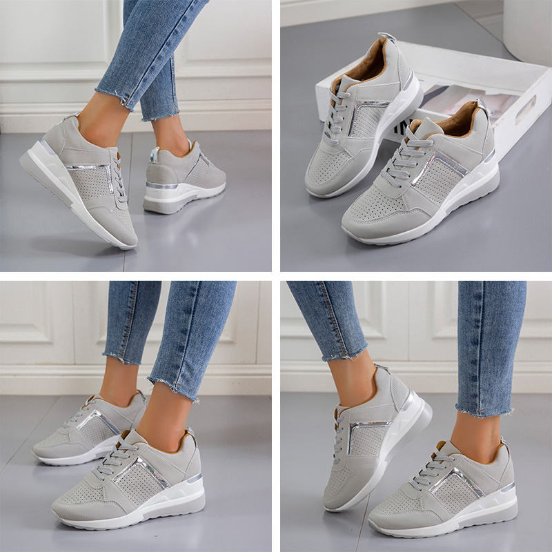 Womens Wedge Sneaker Hidden Lace-up Breathable Casual Shoes-Grey