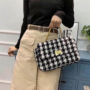 PU Leather Houndstooth Ladies Shoulder Bag Fashion Woolen Cloth Crossbody Bag-Black