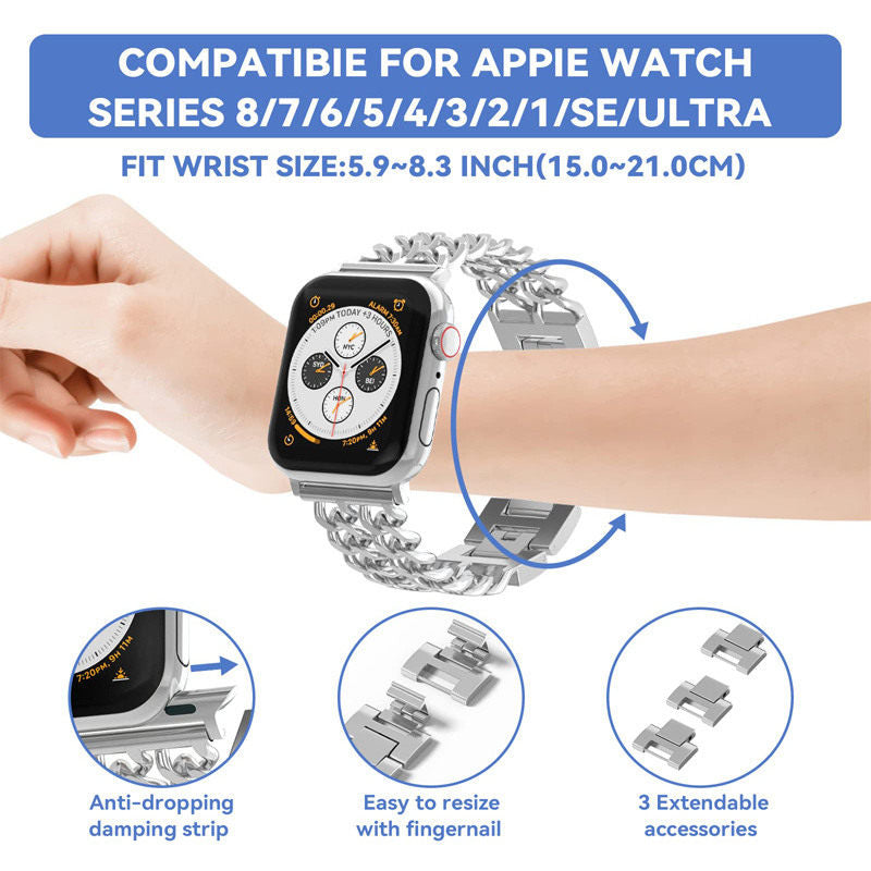 Metal Watch Band Double Chain Alloy Trendy Design for Apple Watch-Silver