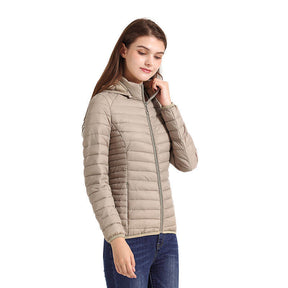 Womens Short Down Jacket Stand Collar Lightweight Removable Cap-Beige