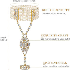 2Pcs Pearl Crystal Bracelet Ring All-in-one Chain for Women-Gold