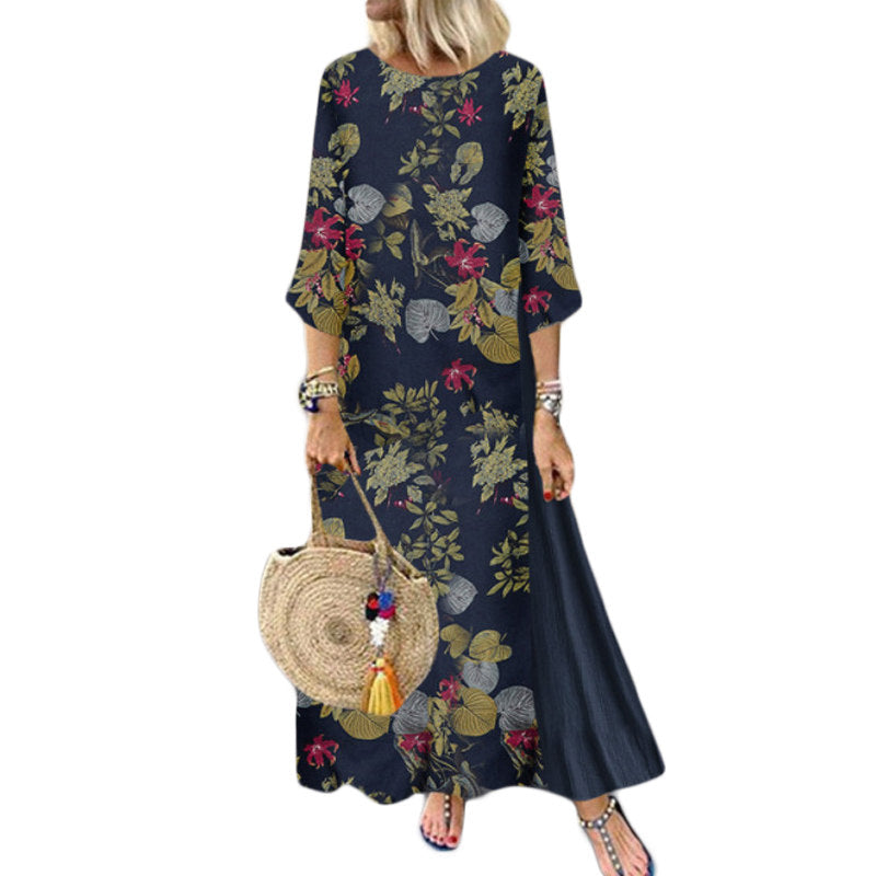 Womens Long Dress 3/4 Sleeve Flowy Floral Casual Dress for Summer-Navy Blue