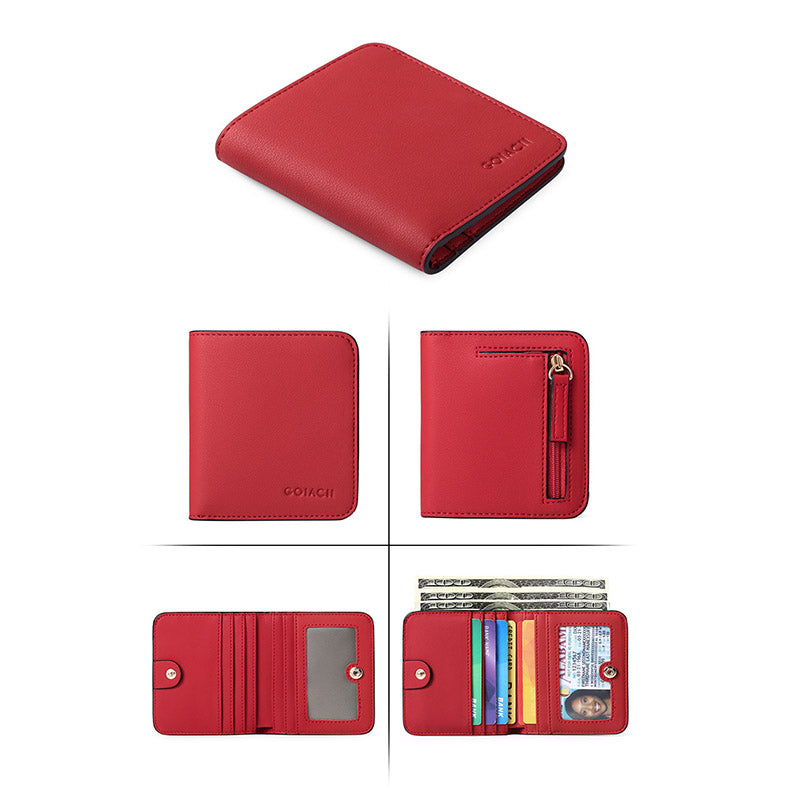 Womens Leather Mini Wallet with ID Card Window Portable Coin Purse-Red