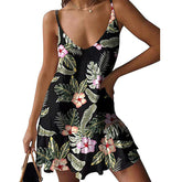 Womens Summer Mini Dress Printed V Neck Spaghetti Strap A-Line Short Sundress-Printed Black