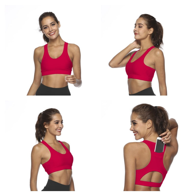 Sports Bra with Back Pocket Medium Support Breathable Underwear-Red