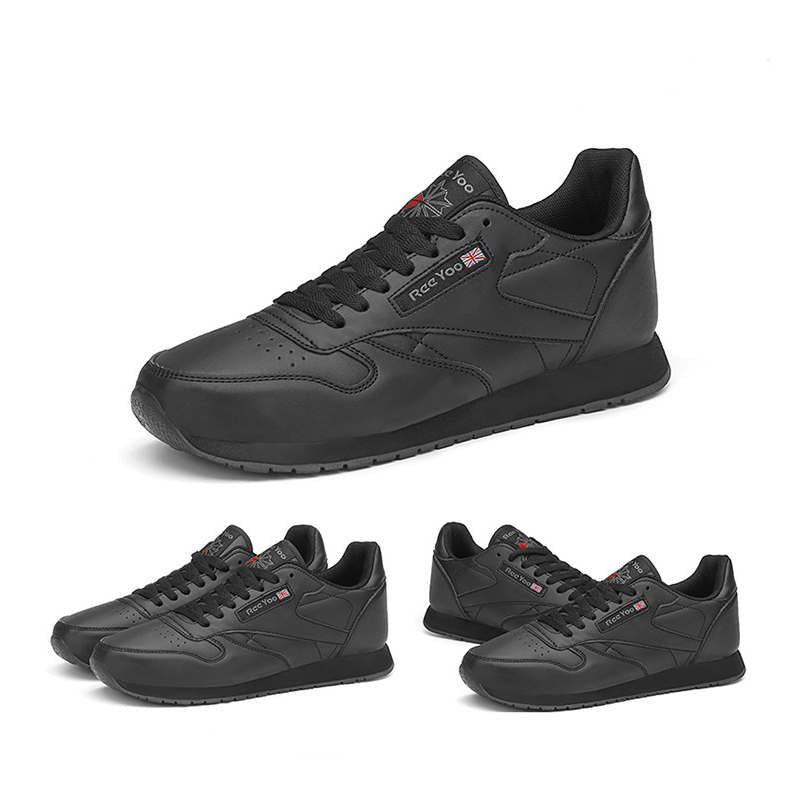 Couples Leather Sneakers Lace up Lightweight Cushioned Sport Shoes-Black