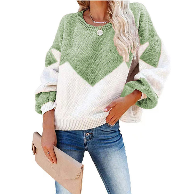 Womens Color Block Loose Knit Pullover Sweater Lantern Sleeve-Green