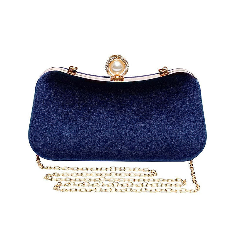 Velvet Evening Bags for Women With Flower Rhinestone Pearl for Party Wedding-NavyBlue