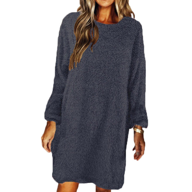 Solid Color Plush Long Sleeve Round Neck Loose Casual Dress-DarkGray