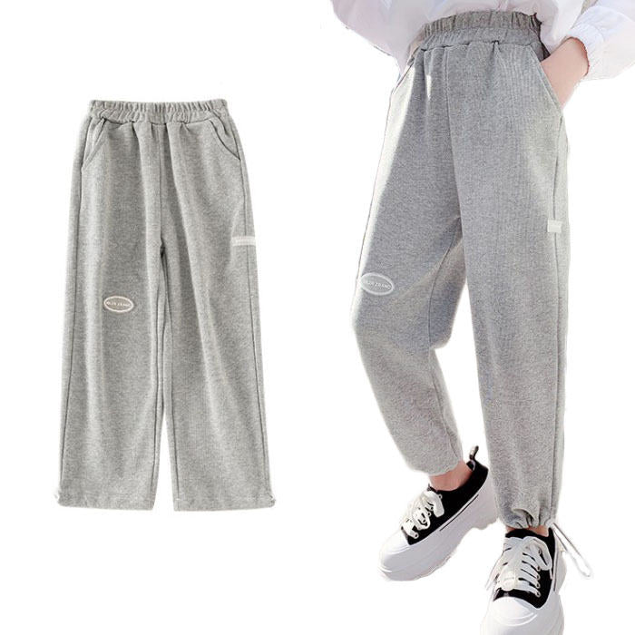 Girls Joggers Long Pants Pockets Outdoor Casual Trousers TwoWear-Gray