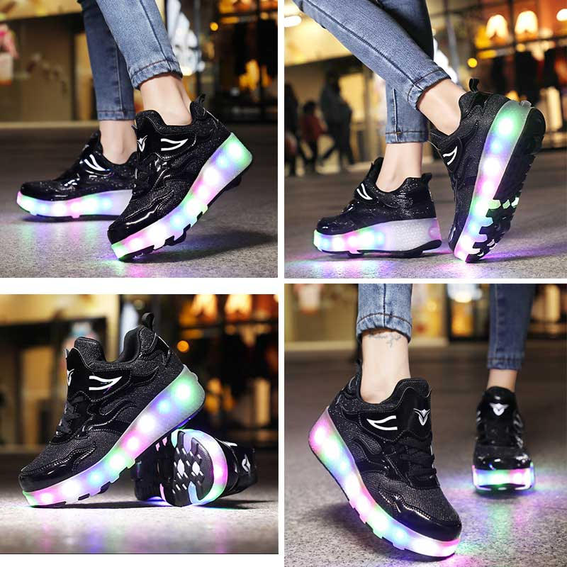 Kids LED Roller Skates Fashion Sneakers with Double Wheel-E67-Black